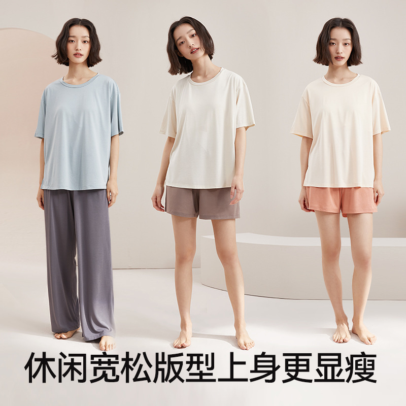 綿は胸パッド付きのパジャマ女性の夏の半袖半ズボンの涼しさの大きいサイズの薄いズボンの家の服のスーツを持ちたいです。|undefined