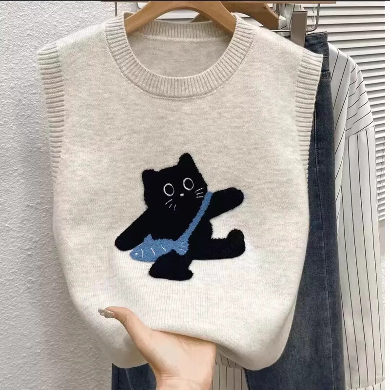 Cute Age-reducing Knitted Sleeveless Sweater Vest Classic Embroidered Kitten Fashion All-match Interior Stacked Wear for Autumn and Winter