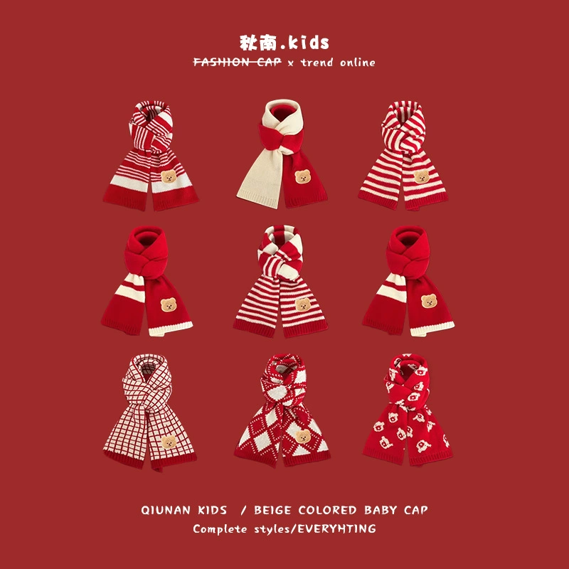 Осенний детский шарф Зимний милый дикий медведь Новый год красный вязаный шерстяной Рождественский детский нагрудник