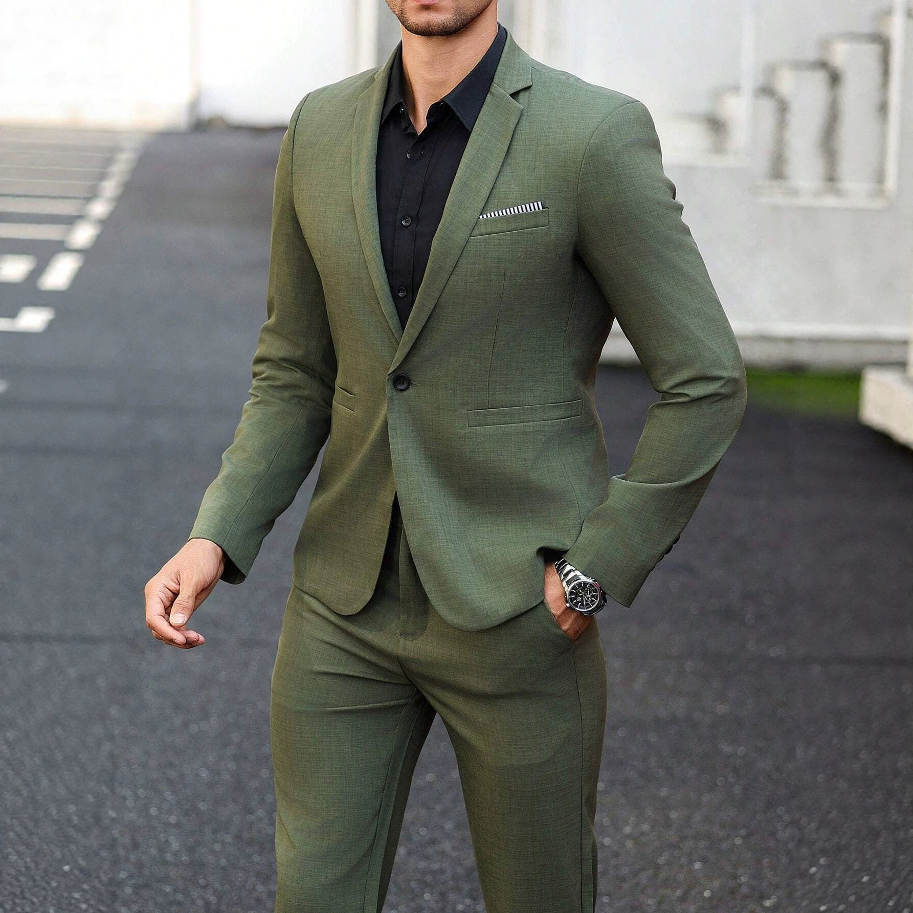 Men's Light Business Suit Set Dark Green Gentleman's Solid Color Style Fashion_voghion.com
