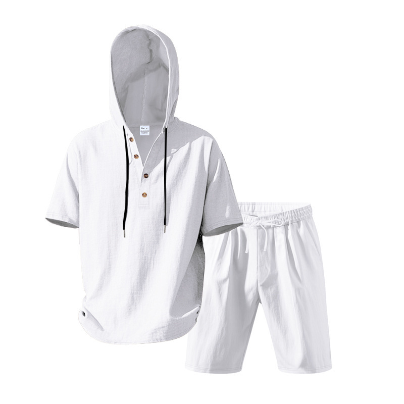 Men's Linen Hooded Short Sleeve Shirt & Shorts Set, Breathable Beach Casual Two-Piece Outfit For Summer_viptrois.com