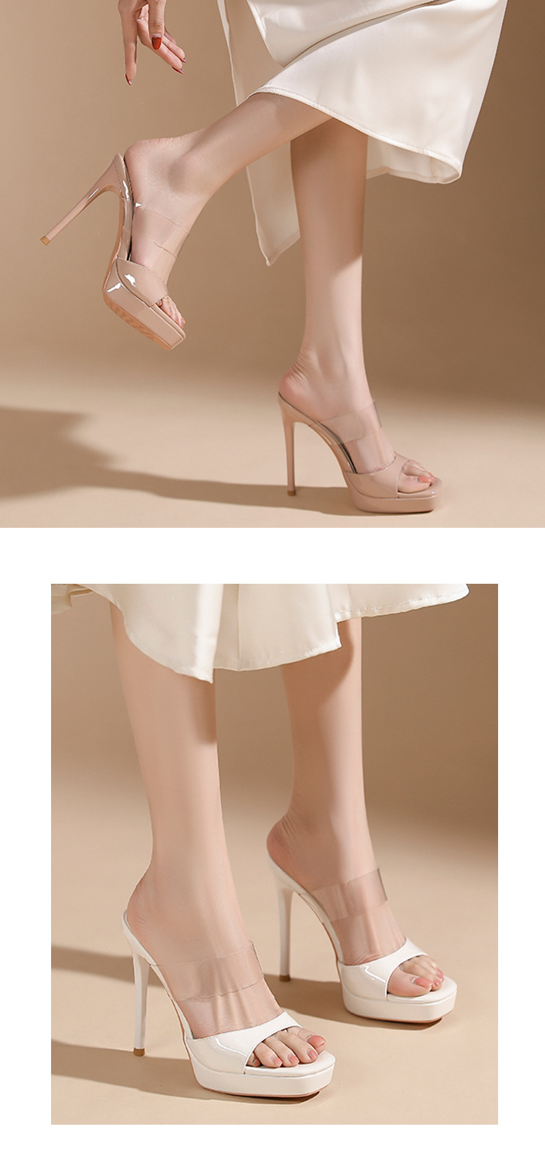 Sandal cao gót nữ mũi vuông quai trong suốt, đế platform, gót nhọn 9 cm — màu hồng nude chi tiết 6