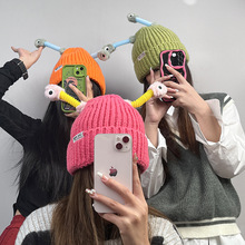 抖音热销款发光触角眼睛卡通搞怪针织帽女秋冬保暖百搭网红毛线帽