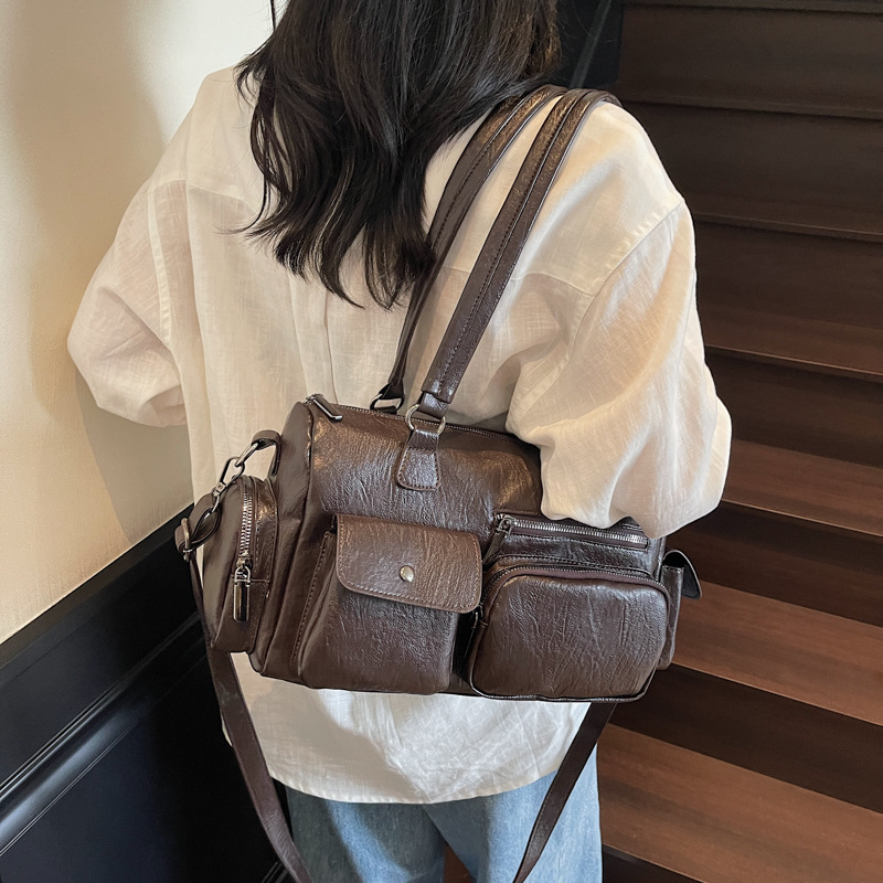 跨境复古休闲大容量托特包包女2025夏季高级感多口袋单肩斜挎包潮|undefined