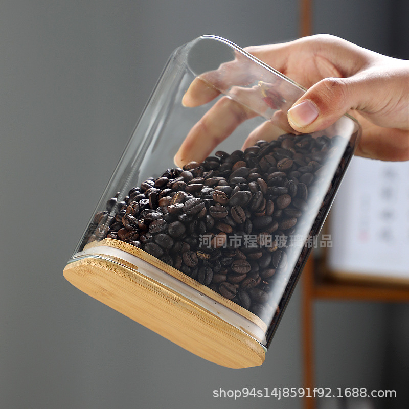 Tanque de almacenamiento de vidrio rectangular al por mayor Tanque de almacenamiento de vidrio de borosilicato Tarro sellado Tarro de té Tarro de bambú