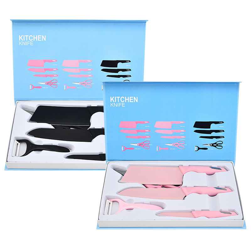Venta caliente Internet celebridad Rosa chica corazón hogar Cocina de acero inoxidable pintura en aerosol mango de acero de cinco piezas cuchillo caja de regalo embalaje