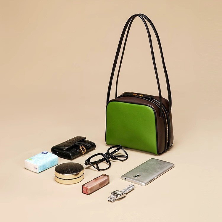 Women's 2025 New Arrival Niche Genuine Leather Small Square Bag Contrast Color Commuter Handbag Shoulder Underarm Baguette Bag - Thumbnail 4