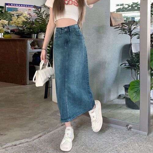Slimming High-Waisted Blue Denim Skirt with Back Slit A-Line Retro Dress for Short Women, Showing Height, New Women's Fashion