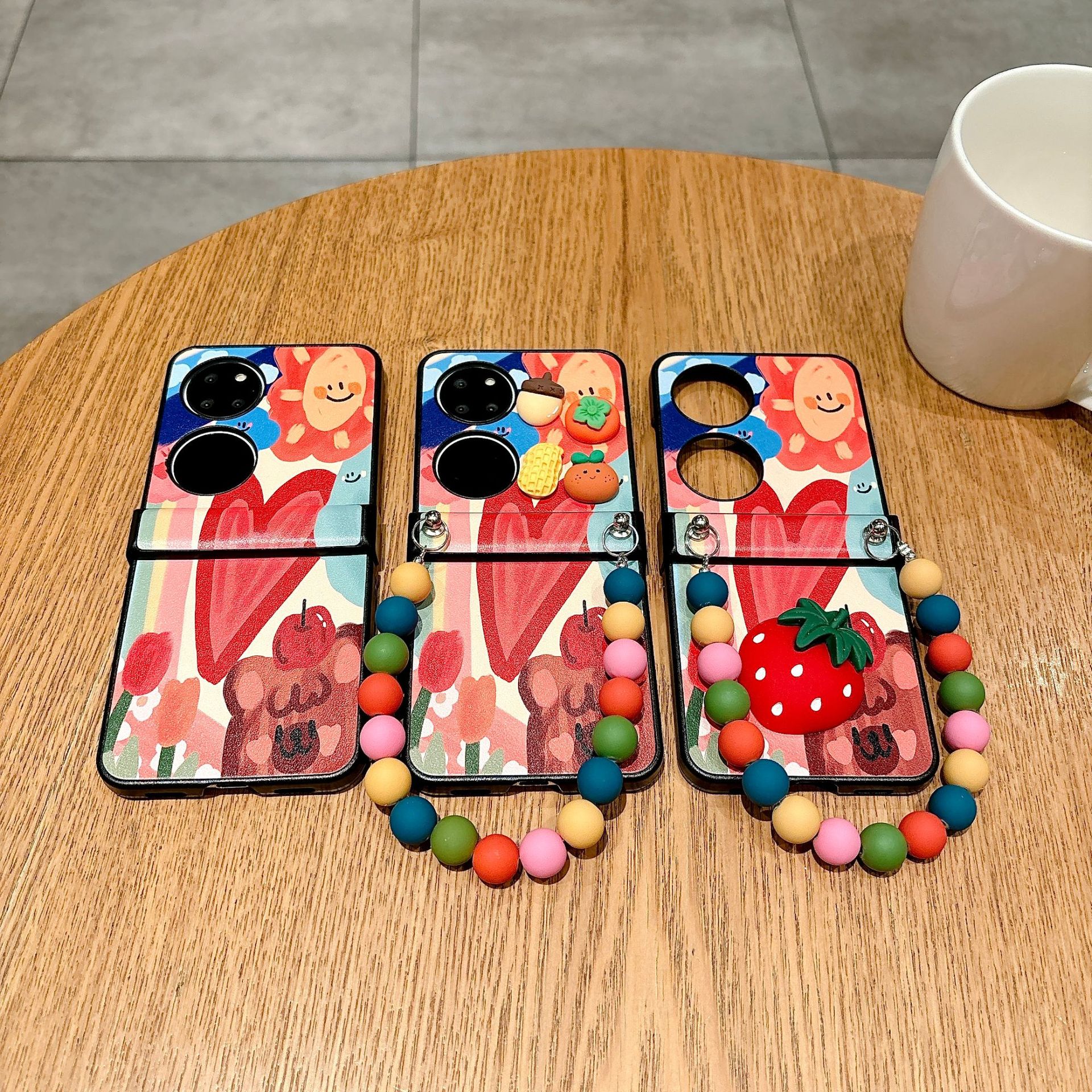 For Huawei Pocket 2 Color Oil Painting Love Three-piece Set novaflip with Bracelet Stereo Strawberry Mobile Phone