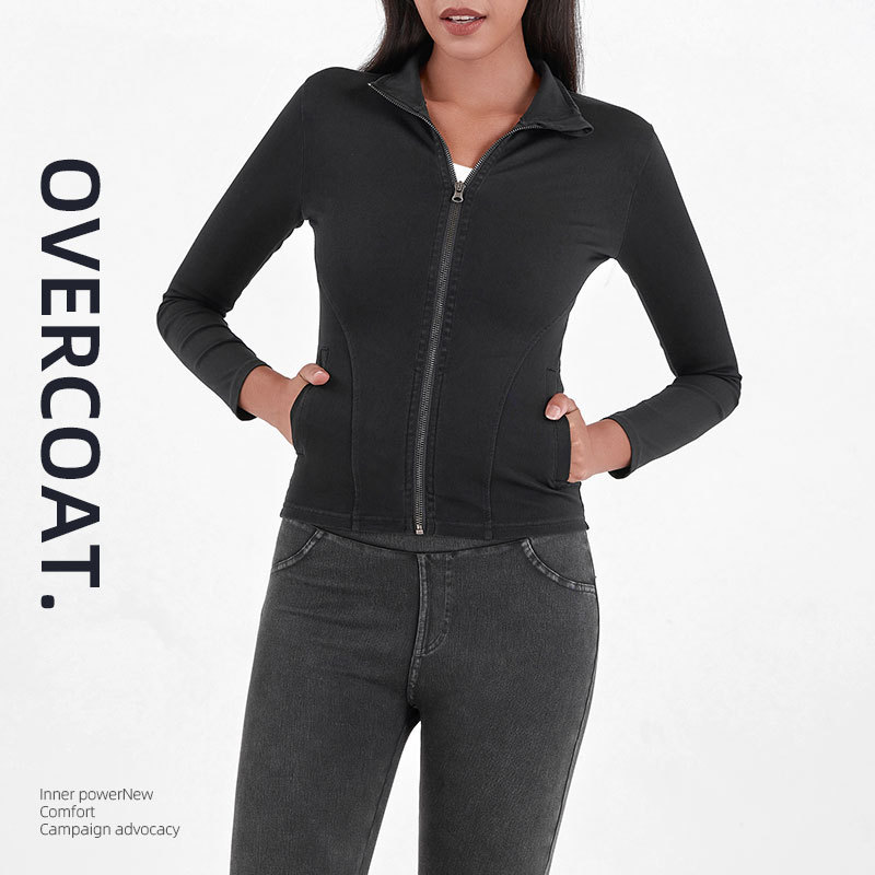 针织牛仔瑜伽服女紧身高领弹力显瘦运动拉链外套外穿上衣|undefined