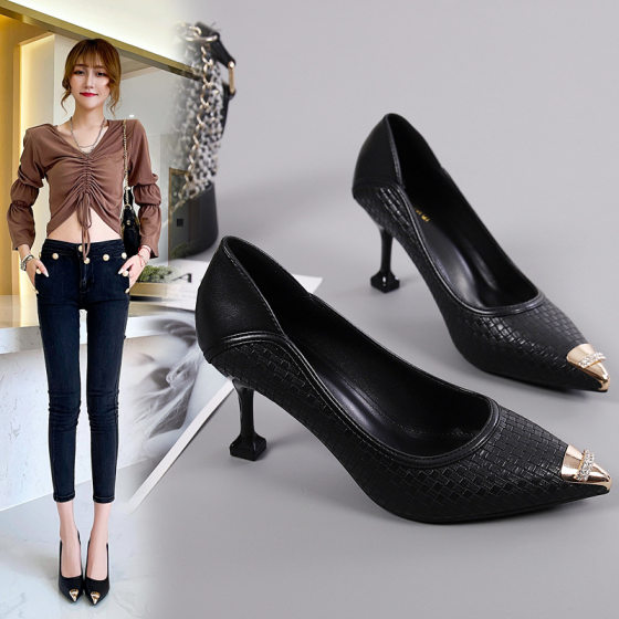 Spring, summer and autumn new woven soft iron head rhinestone all-match professional work shoes for women