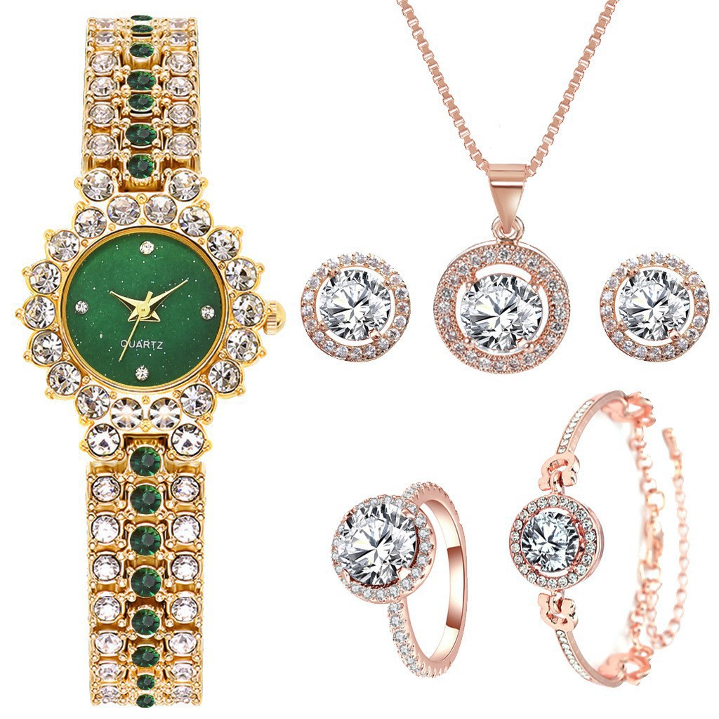 Montre classique à petit cadran avec ciel étoilé et diamants pour femme, ensemble de cinq pièces élégant et tendance de style coréen_voghion.com