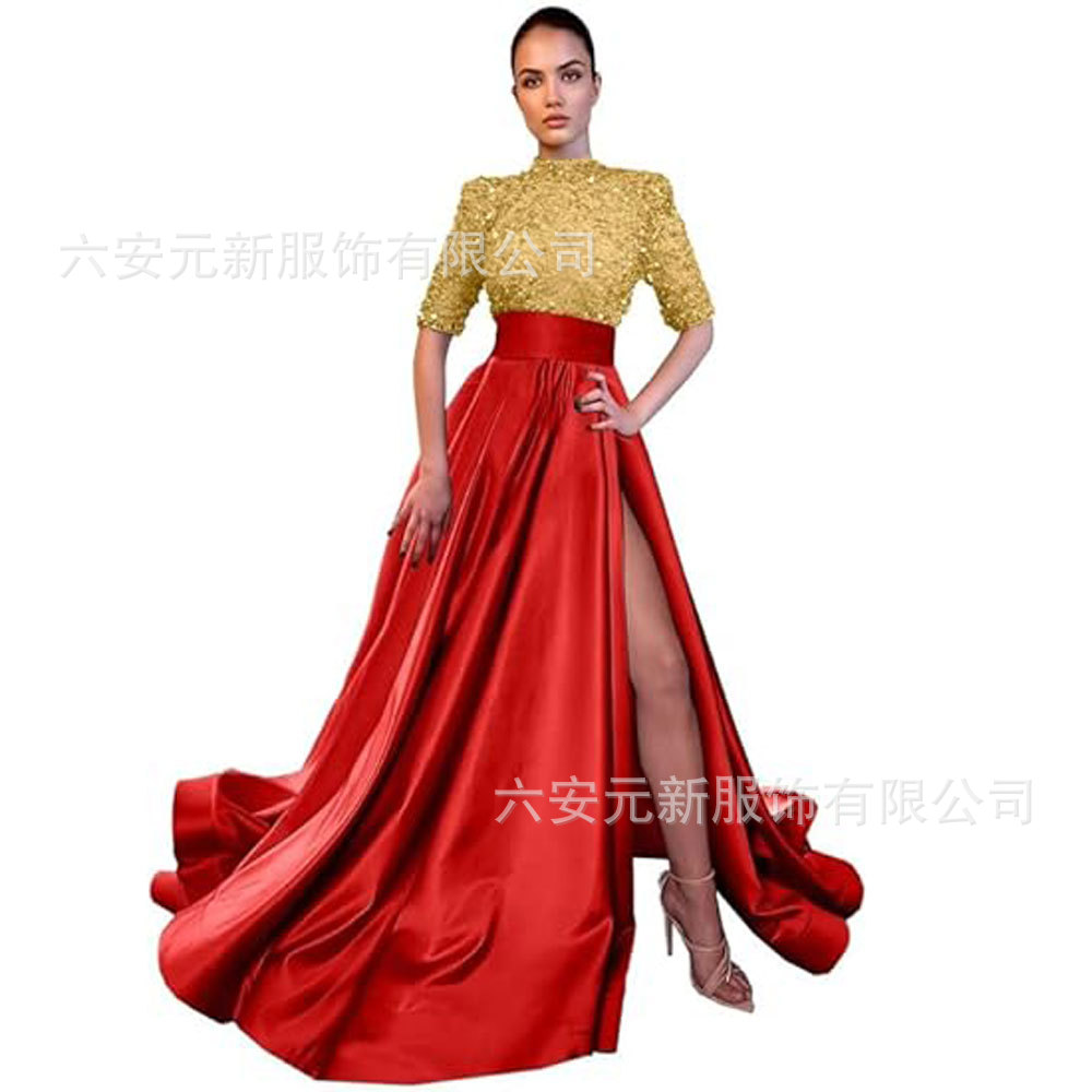 Europeo y americano Amazon AliExpress vestido de fiesta media manga lentejuelas satén vestido de noche A-line vestido de fiesta de hendidura image 30
