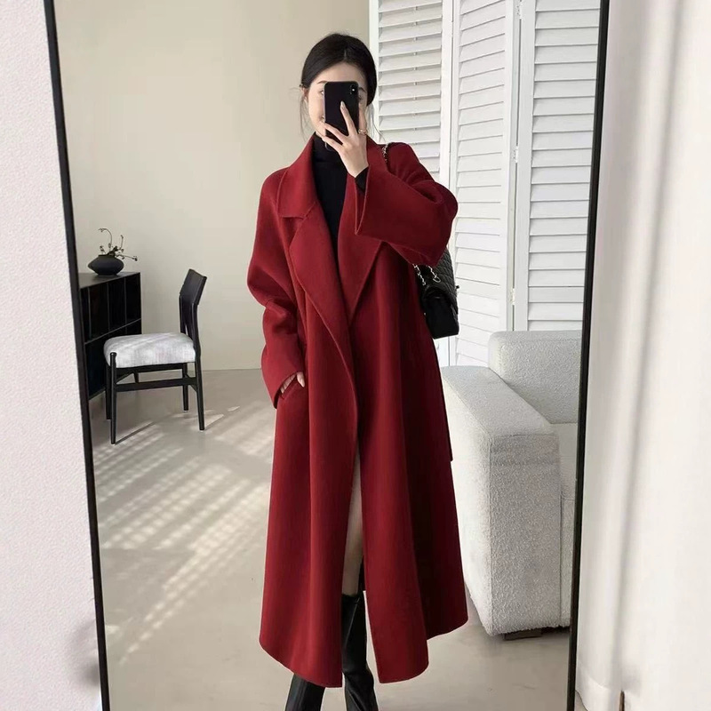 Sicilian Red Double-Faced Wool Coat for Women, 2026 Autumn/Winter New Long Style, Hepburn Wool Coat for Women