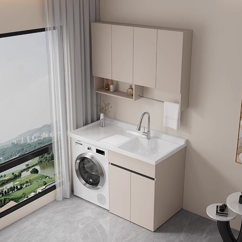 Gabinete de lavadora de panal de aluminio grueso con balcón integrado con tablero de fricción moderno y simple lavabo de piedra de cuarzo