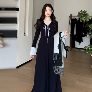 小个子高级感长袖针织连衣裙子女2026早春季新款收腰打底内搭长裙