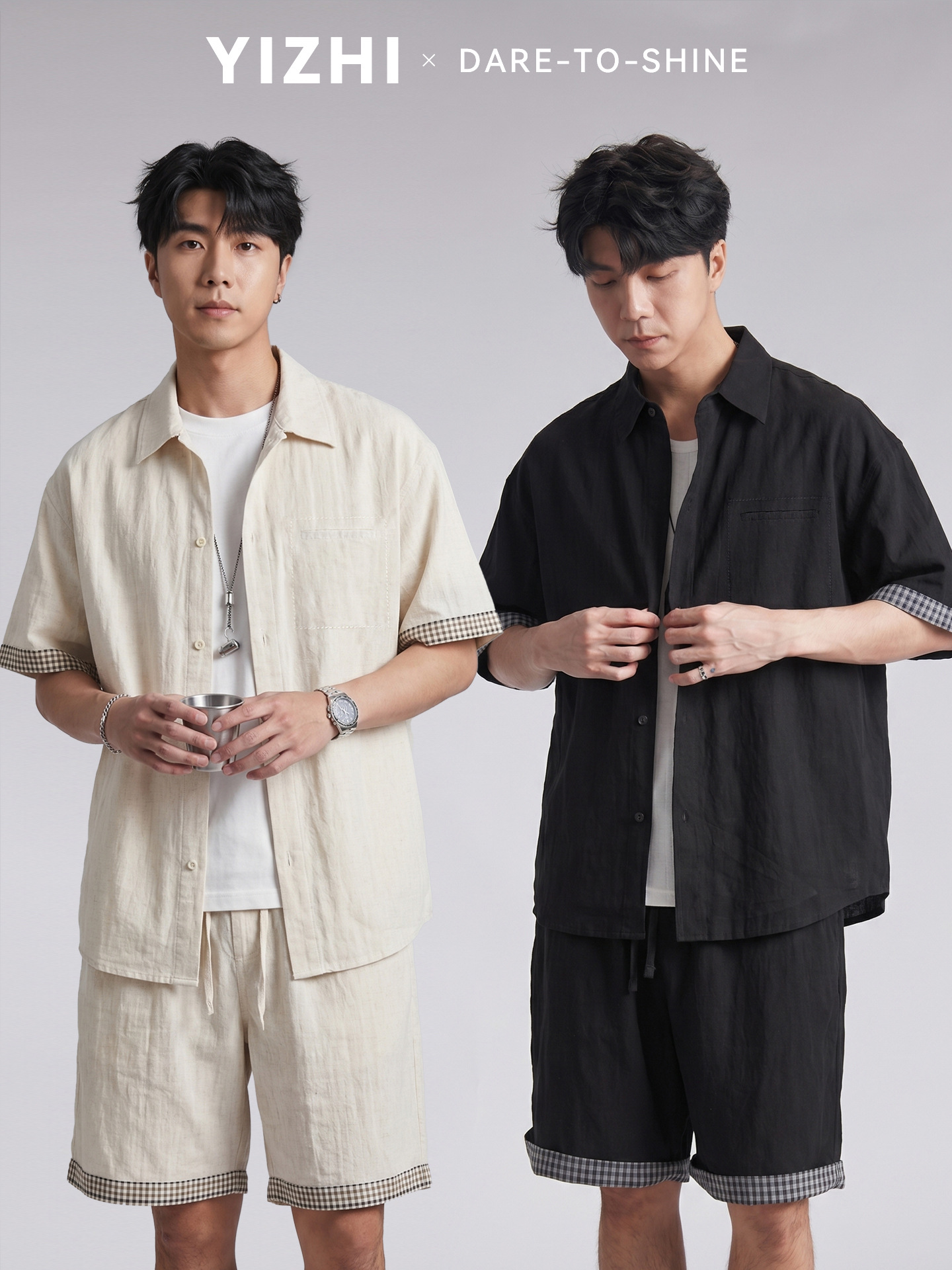 Bộ đồ thể thao nam áo sơ mi ngắn tay kèm quần short chất liệu Tencel mát lạnh — đen