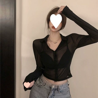 黑色网纱衬衫辣妹性感薄款防晒衫女夏季新款纯欲百搭显瘦短款上衣