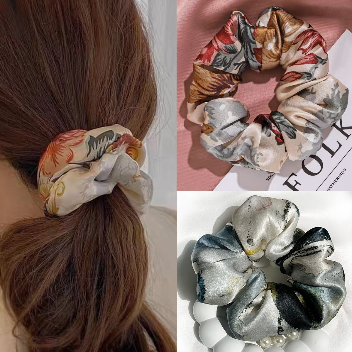 6 colores de seda estilo nacional Jardín de Monet 100% seda collar de cola de caballo cabeza de bola de seda morera anillo de cabello flores