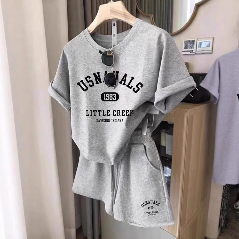 2025 Cross-Border Foreign Trade Sports and Leisure Suit Women's Summer Loose Fashion Age-Reducing Style Short-Sleeved Shorts Two-Piece Set