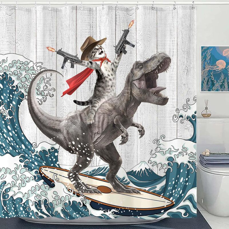 Funny Shower Curtain Cat and Dinosaur Shower Curtain Western Cat Shower Curtain Set Bathroom Fabric Wave Pattern Decoration No Drilling Required