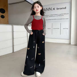 女童牛仔裤2025新款洋气时髦秋季卡通腊肠狗绣花中大童儿童阔腿裤