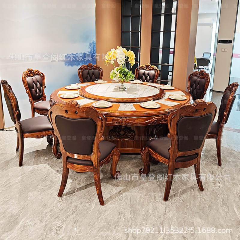 New Chinese-Style Black Walnut Solid Wood Dining Table and Chairs, Large Round High-End Villa Luxury Electric Function Turntable 8 New Chinese-Style Black Walnut Solid Wood Dining Table and Chairs, Large Round High-End Villa Luxury Electric Function Turntable 8