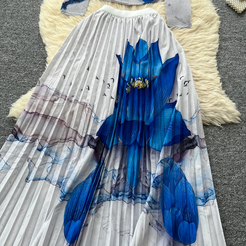 Women's Clothing celebrities elegant pleated print mid neck long sleeved tops for women high waist slim pleated skirt autumn set D_voghion.com