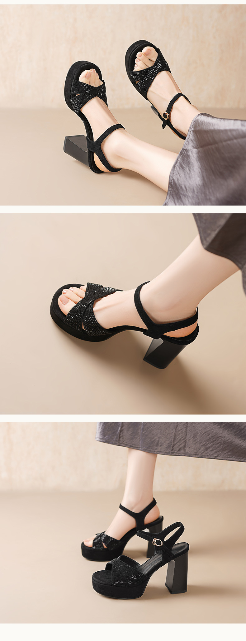 Sandal cao gót nữ đế platform đính đá, quai ngang khóa, mũi hở kiểu La Mã — màu đen, màu mơ chi tiết 4