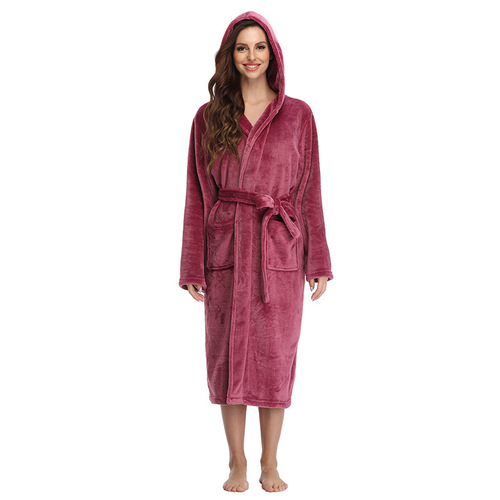 European and American autumn and winter flannel thick nightgown extended style lace solid color hooded bathrobe for women