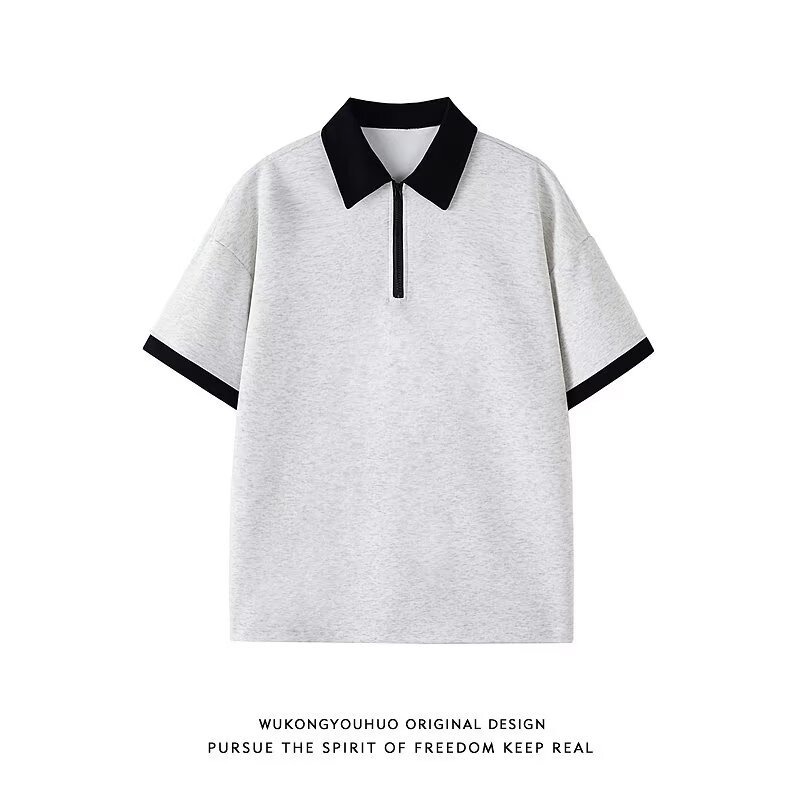Chemise homme style américain à demi-zip, manches courtes, coupe ample et confortable, col montant._voghion.com