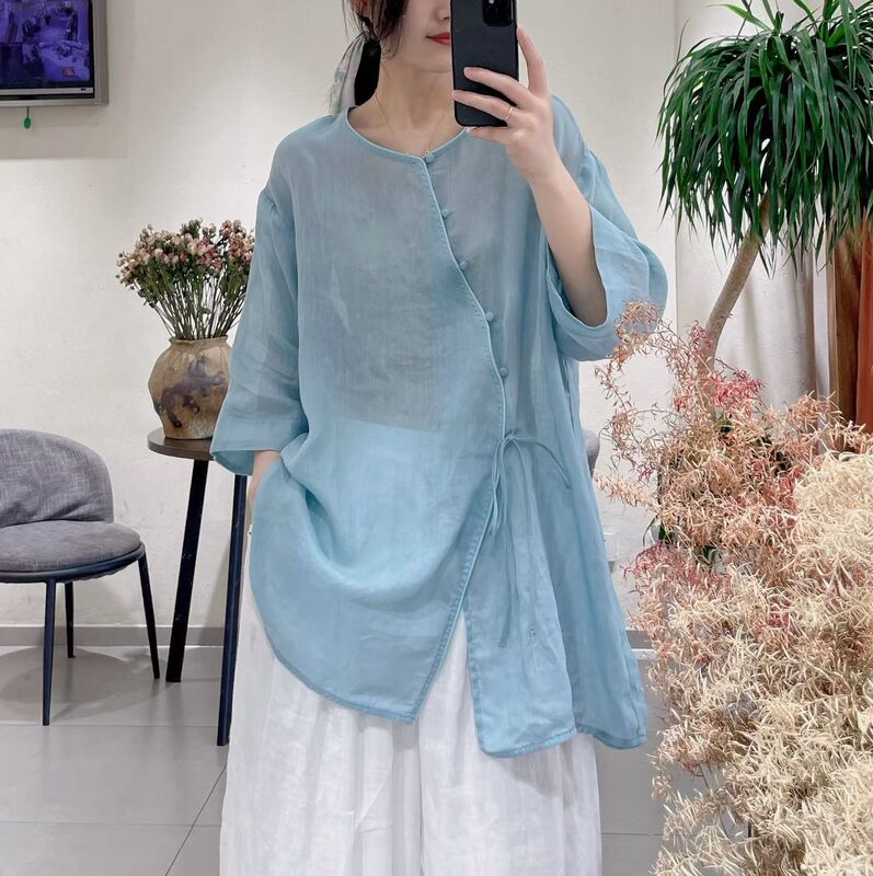 2026 Summer New Ramie Shirt, Round Neck, Mid-Length, Diagonal Placket, Mushroom Buttons, Chinese Style, Plain Shirt for Women 2026 Summer New Ramie Shirt, Round Neck, Mid-Length, Diagonal Placket, Mushroom Buttons, Chinese Style, Plain Shirt for Women