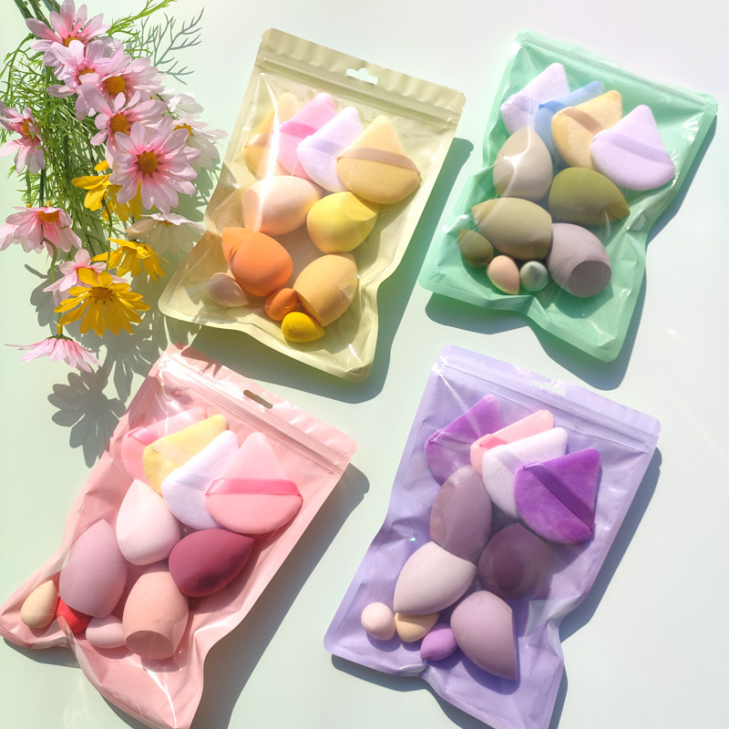Explosiones transfronterizas 11 piezas 7 piezas de huevos de belleza flocado polvo combinado bolsas de color no comer polvo, huevos de belleza húmedos y secos