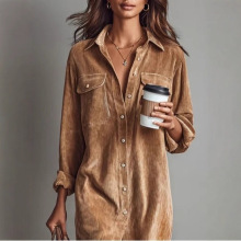 2025秋冬欧美休闲纯色单排扣长袖休闲衬衫裙亚马逊跨境女装