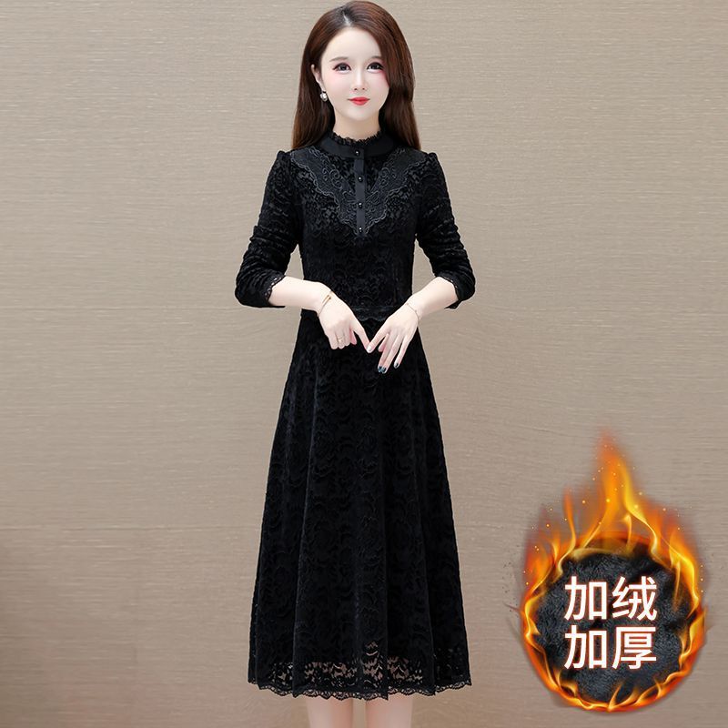 黑色蕾丝长裙2025新款冬季女赫本风一体绒打底裙配大衣内搭连衣裙|undefined