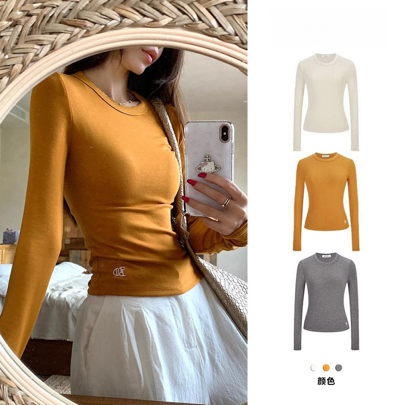 American Style Spicy Girl Long-Sleeve T-Shirt for Women, Autumn Slim-Fit Base Shirt with a Round Neck Design