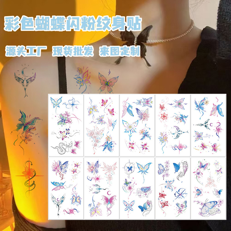 10 sheets glitter butterfly tattoo stickers tattoo temporary stickers for girls party activities cartoon children waterproof wholesale