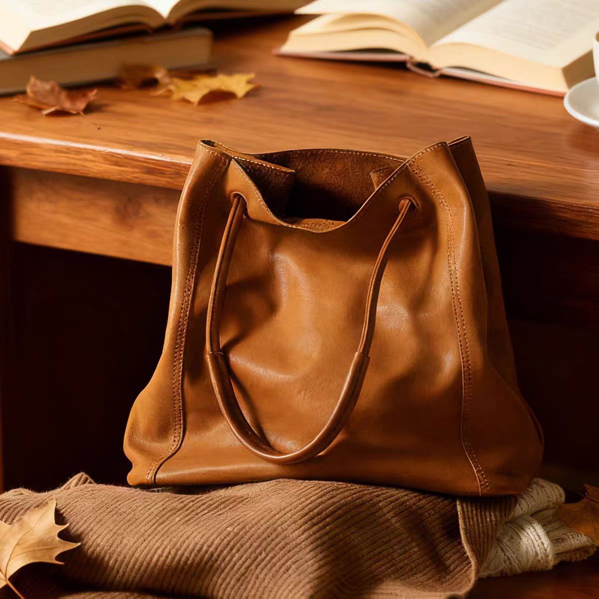 Genuine Vegetable-Tanned Leather Bucket Bag For Women - Crossbody Shoulder Bag, Large Capacity Tote, Vintage Cowhide Leather