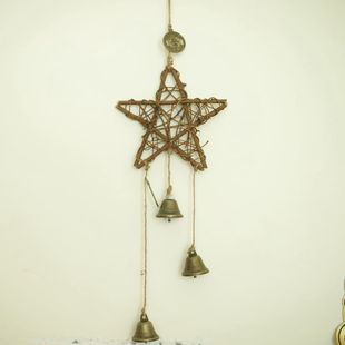 Cross-mirror witch's protection bells rattan loop hemp rope five-pointed star witch door hanging blessing wind chime