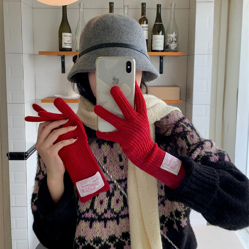 Export South Korea Autumn and Winter New Macaroon Girl's Heart Soft Waxy Long Knitted Wool Gloves Touch Screen Finger