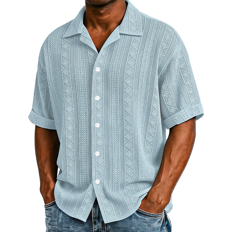 Cross-Border New Style Men's Solid Color Jacquard Short-Sleeved Shirt, Loose Casual Hawaiian Style Beach Vacation Outfit