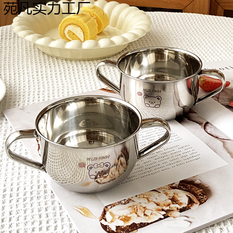 熊家族304不锈钢儿童碗带手柄宝宝餐具家用饭碗卡通辅食碗套琴萱