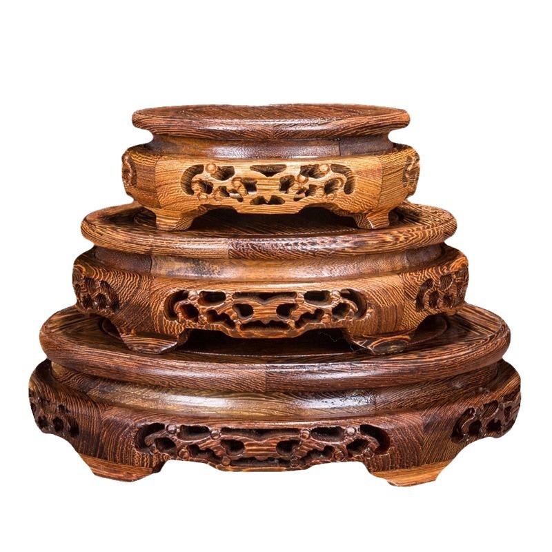 Florero base soporte madera maciza estatua de Buda pecera piedra cabeza maceta pollo ala madera Rosewood decoración base bandeja redonda