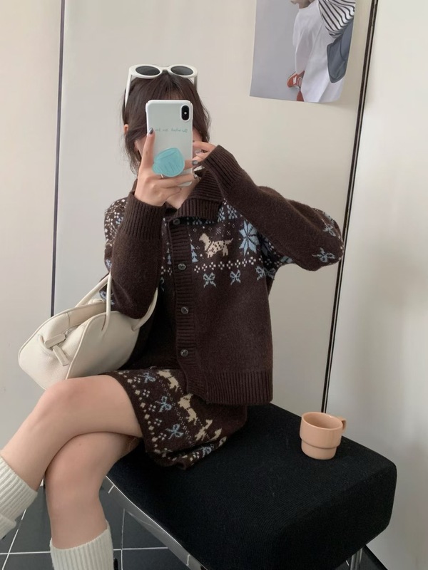费尔岛撞色提花开衫毛衣女2025秋冬新款宽松百搭针织半身裙两件套|undefined