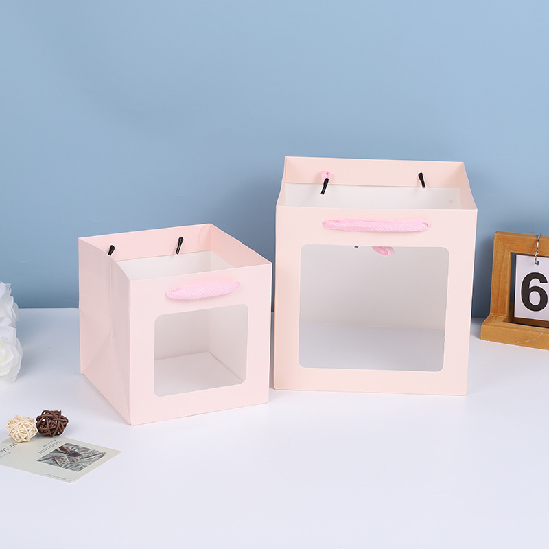 Bolsa de embalaje cuadrado engrosado flores boda bolsa de regalo inferior transparente ventana portátil bolsa de regalo bolsa de papel al por mayor