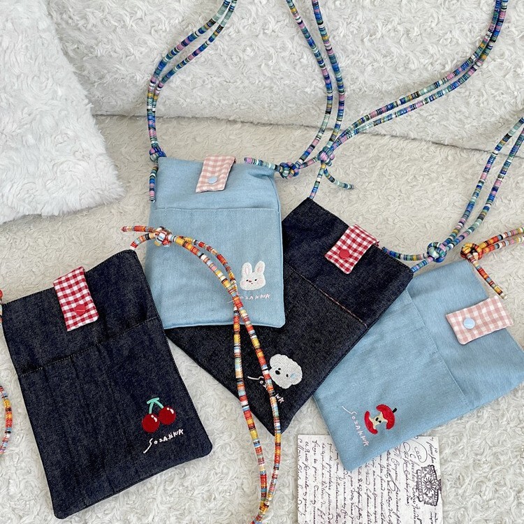 510173 Cute Embroidered Denim Small Crossbody Bag, Commuter Casual Bag, Underarm Color Matching Small Shoulder Bag