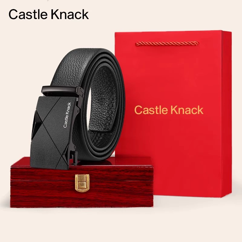 Ремень Castle Knack с автоматической пряжкой, натуральная кожа, регулируемый 110–130 см, в подарочной коробке