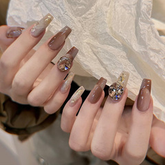 美拉德暈染大鑽法式穿戴甲長款咖啡金箔假指甲成品美甲貼片Nails