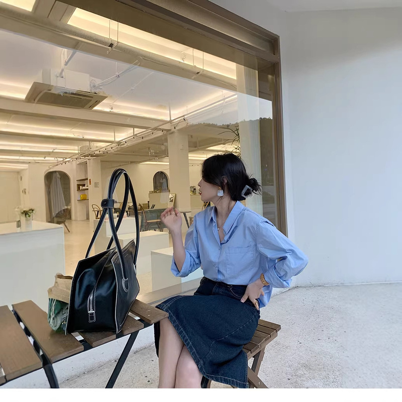 [Simeng] rainbow shirt ~ top women's spring and autumn long sleeve elegant blue design shirt