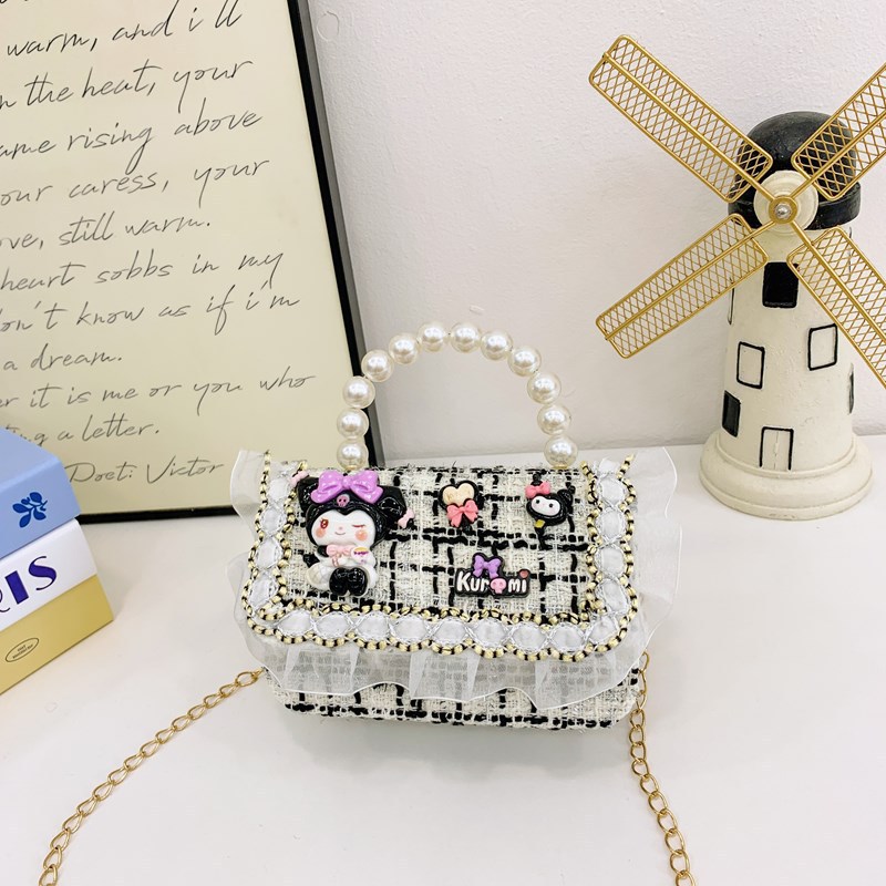 Nueva cadena bolso de mochila para niños negro y blanco tweed pequeño viento fragante bolso de hombro de niñas lindos bolsos de perlas